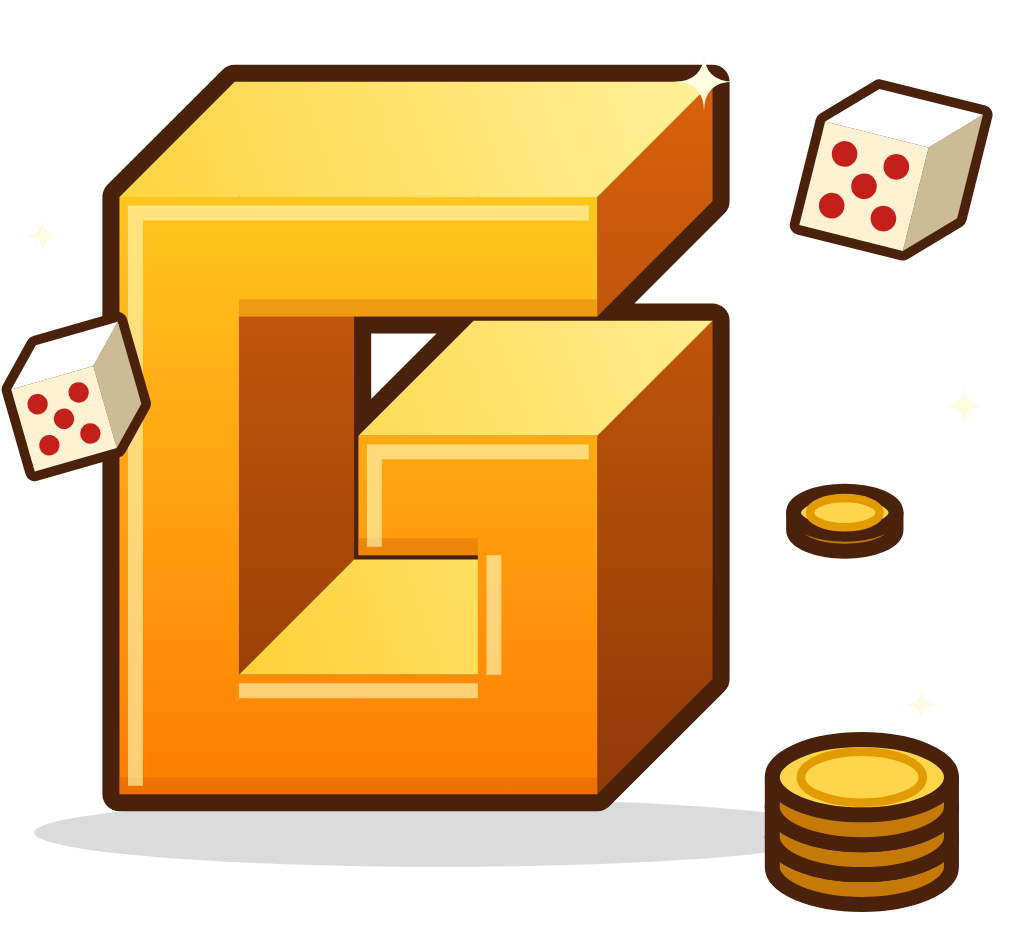 Le G de Gambling en blocs dorés, avec des dés et des pièces
